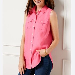 Talbots Women's Sleeveless Linen Boyfriend Shirt in Pink